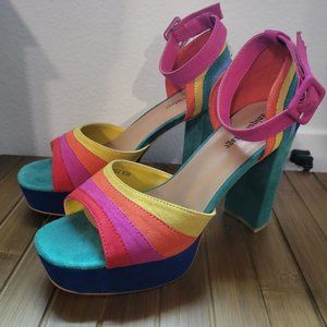 Unique Vintage Rainbow Suede Peep Toe Pumps